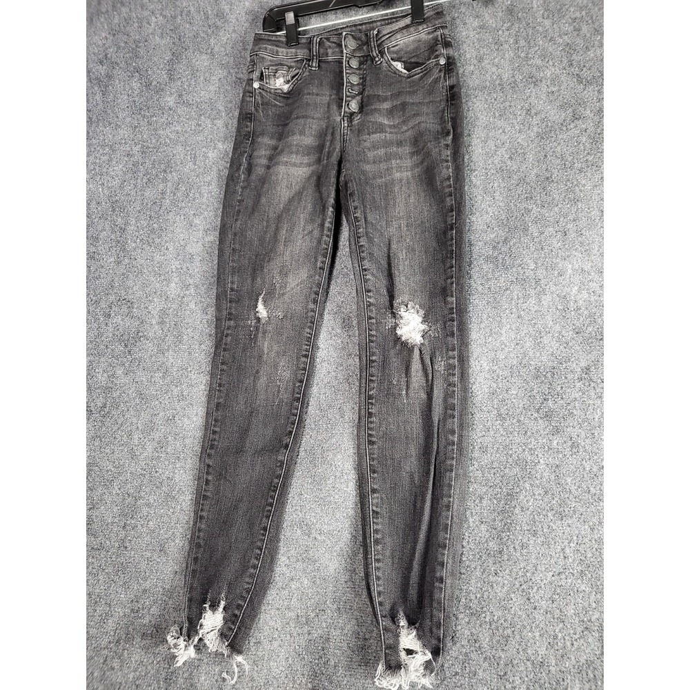 Judy Blue Distressed Skinny Jeans Gray Button Fly Junior Women Sz 1/25 Designer